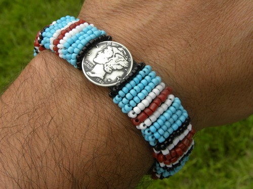 Cuff bracelet 1940 Mercury dime coin genuine Bison leather turquoise glass bead - Picture 5 of 5