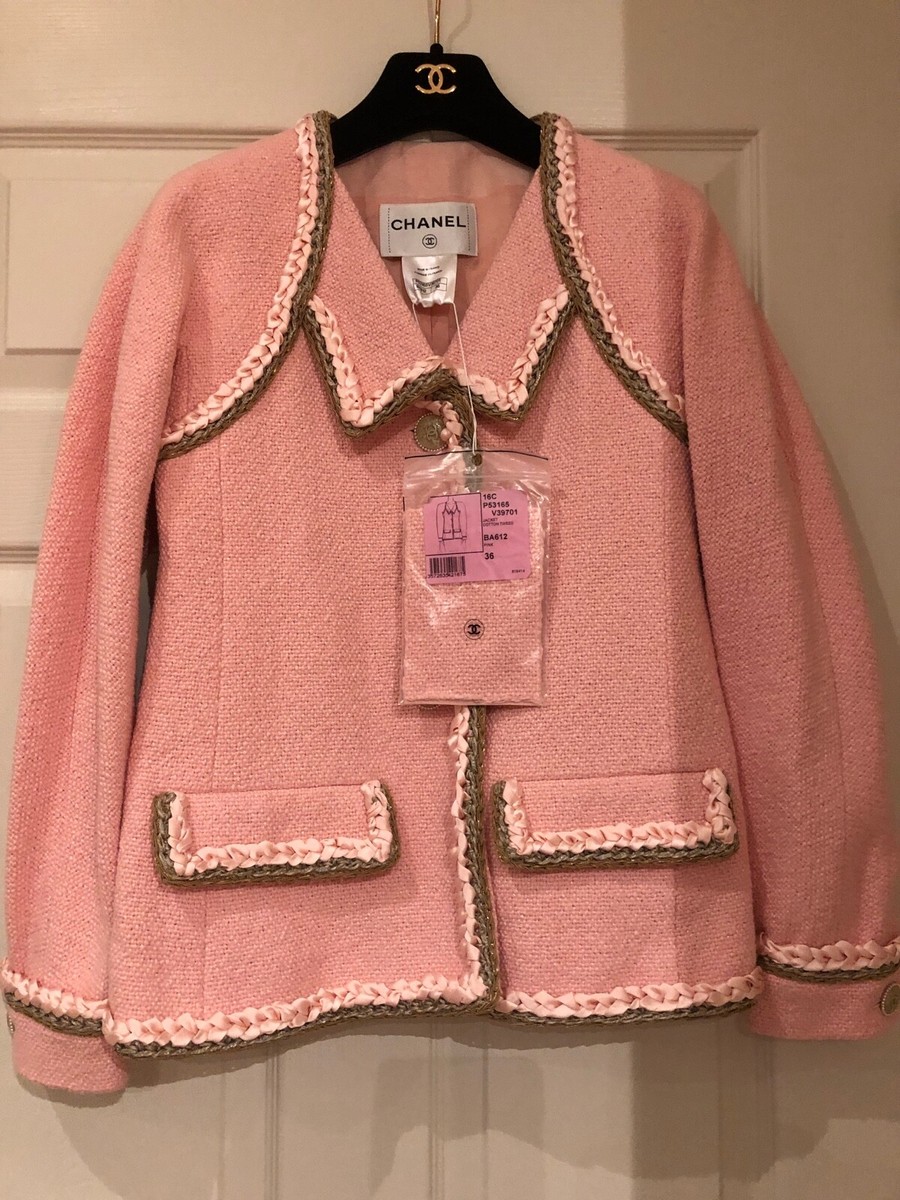 CHANEL 16A NEW TWEED PINK JACKET BRAIDED TRIM CC logo