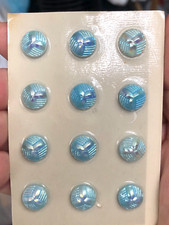 New Lot Set of 12 Vintage Czech Glass Buttons Blue AB Iridescent Carded