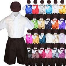 5pc Baby Boys Toddler Formal Vest BROWN Shorts Suit Satin Vest Bow Tie Set S-4T