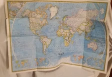 Vtg National Geographic Map 35.5" x 24.25" The Political & Physical World 1975