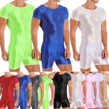 Men Glossy Shiny Gymnastic Leotard Bodysuit Short Sleeve Jumpsuit Dance Unitard