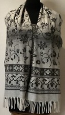 Cashmink Grey Floral Scarf w/Tendril Design Fringe Edges-70" Made in Germany