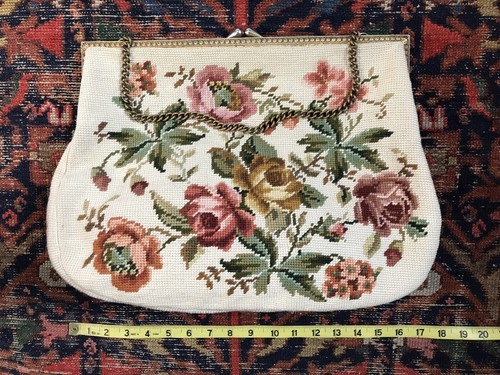 VTG Large Needlepoint Bag Purse Ivory Floral Gold Tone Chain Satin Lined Tote - Picture 10 of 11