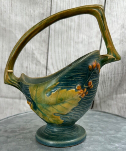 Vintage Roseville Keramik 396-6 1/2 Buschbeere Korb blau = - Bild 3 von 9