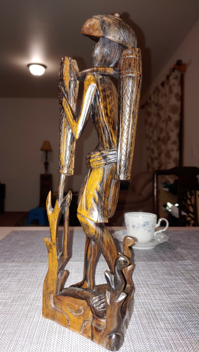 黑柿木雕像老渔翁Vintage Japanese Black Persimmon Wood Carved