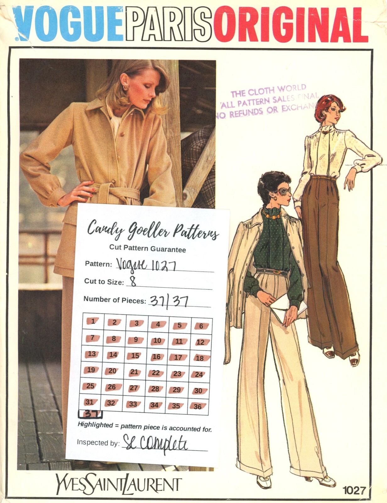 Giacca Vogue 1027 YVES SAINT LAURENT camicetta collare cravatta pantaloni taglia 8 TAGLIO