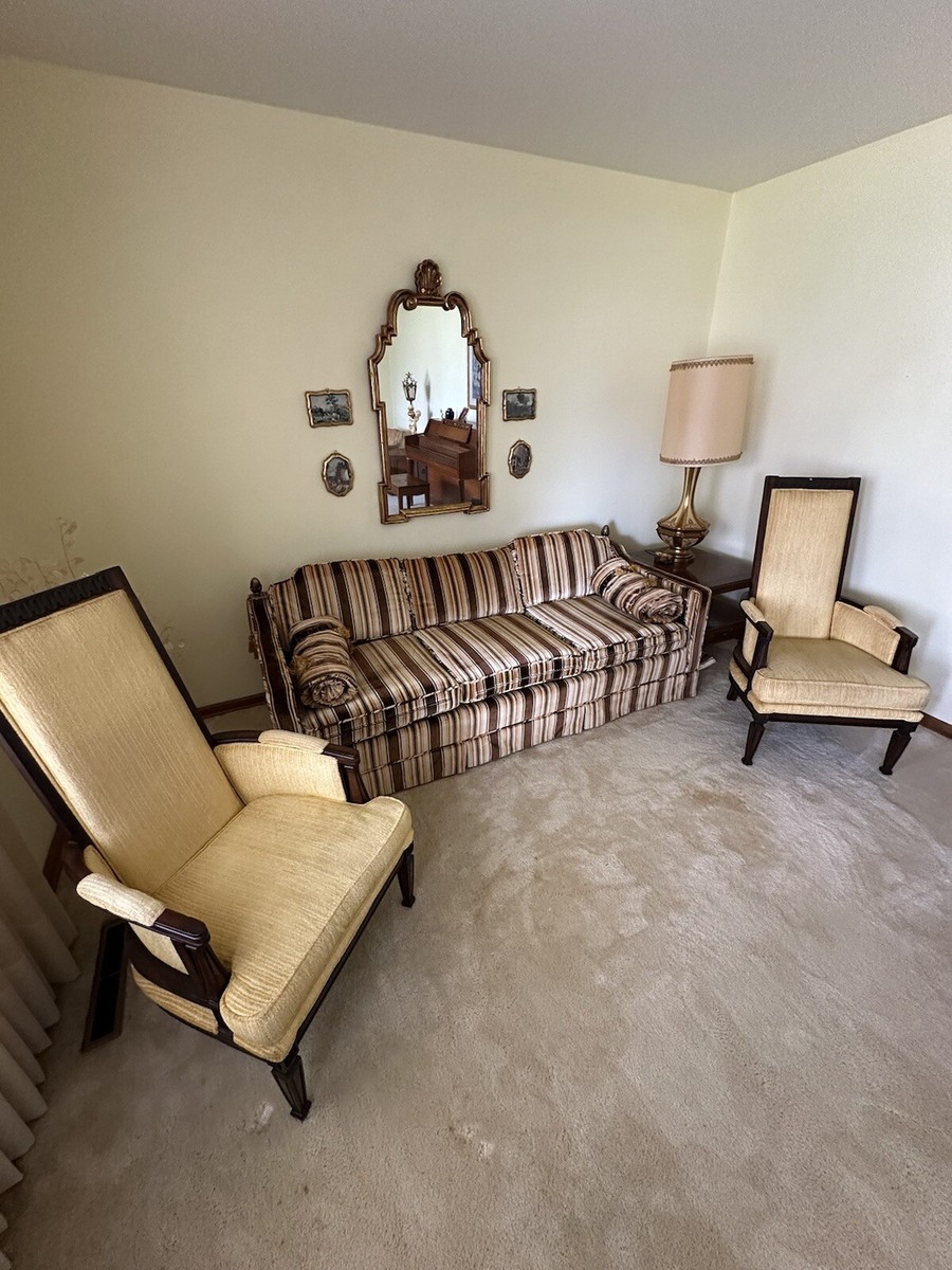 Vintage Late 1960s Striped Couch With Matching Yellow Chair Set