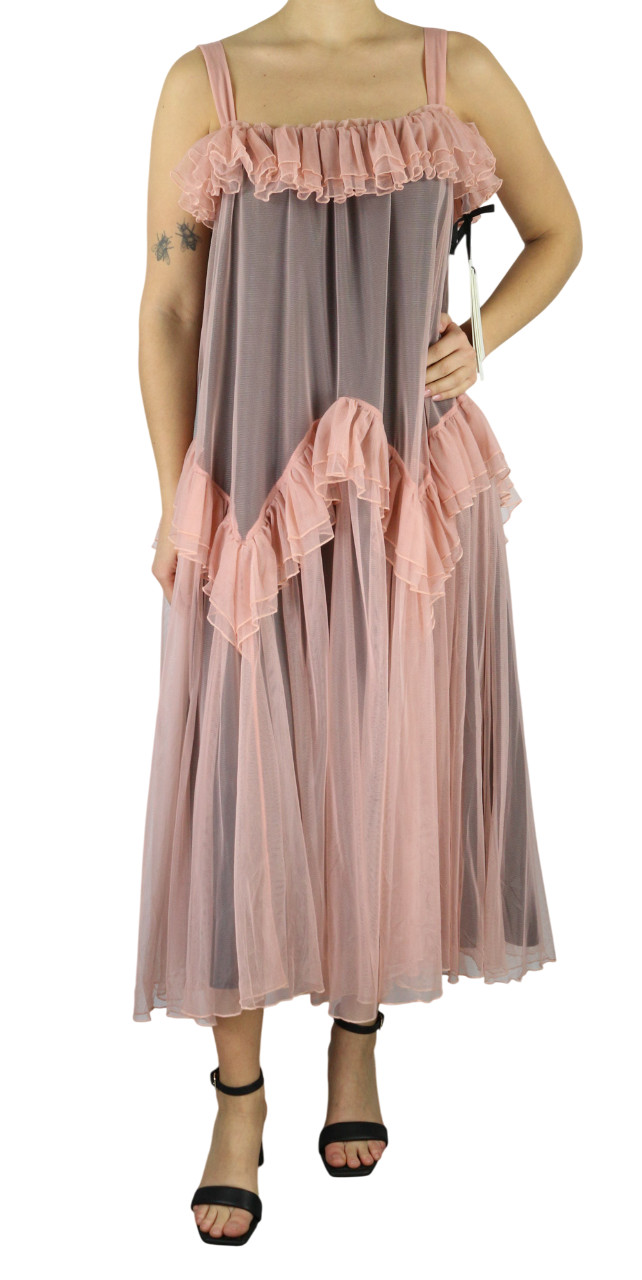 Guglielmo Capone Dolls Mujer Vestido 42 Rosa sin Mangas Tul Fruncido Logo Midi