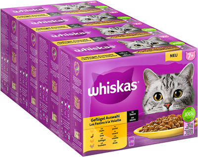 WHISKAS 7+ SENIOR Katzenfutter nass 4 Sorten Geflügelauswahl in Sauce 48x85g