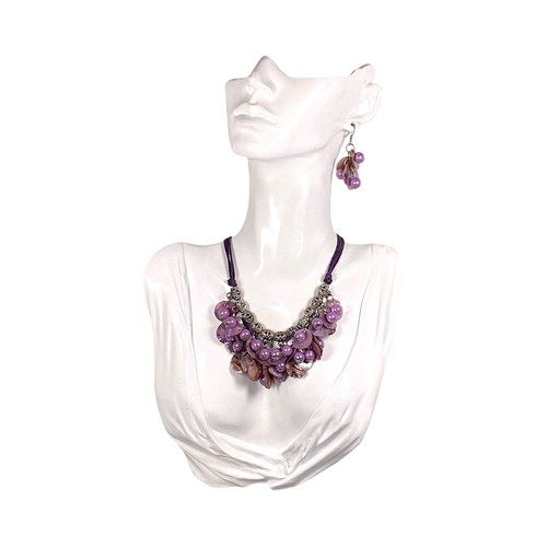 Boho Gypsy Jewelry Set Necklace Earrings Purple MOP Cluster Dangle Cord Coin - Picture 4 of 19