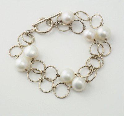 Vintage pearls sterling silver open loop hoops double strand chain link bracelet