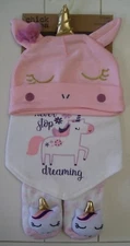Infant Girls Chick Pea 3 Pc Unicorn Hat/Cap Bib and Socks Set One Size
