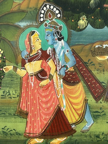 Hand Painted Indian Silk Painting Miniature Art Krishna Radha H25xL20cm E12 G112 - Picture 6 of 11