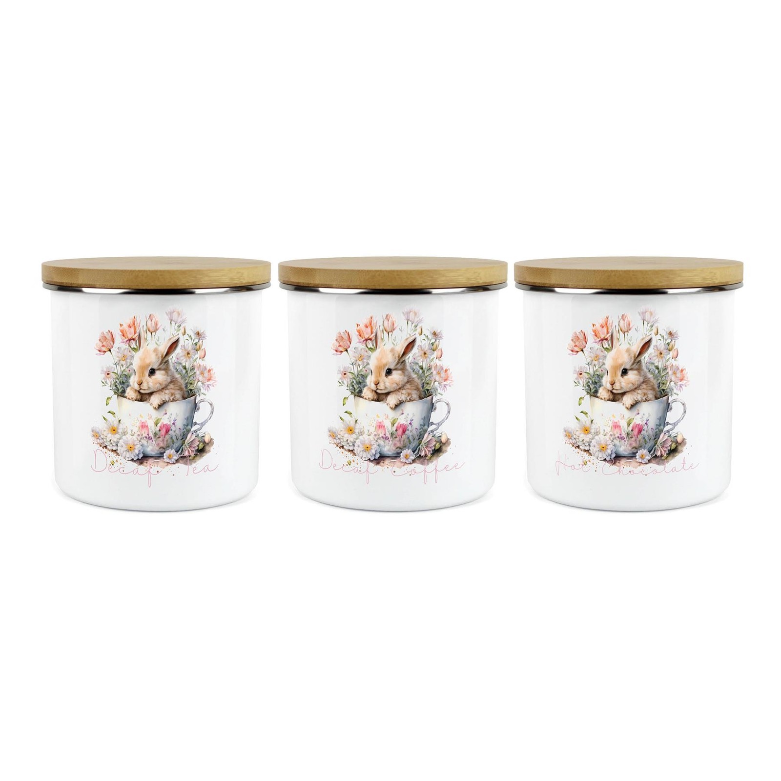 Teacup Bunny Decaf Tea, Decaf Coffee & Hot Chocolate Canister Set - Kitchen Jars