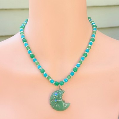 Aventurine Stone Crescent Moon Beaded Gemstone Necklace