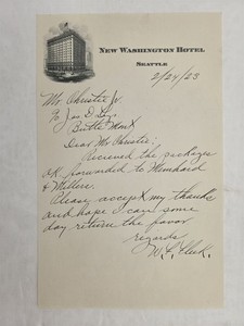 1923 antique NEW WASHINGTON HOTEL seattle wa LETTERHEAD W F FLEEK to CHRISTIE