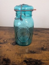 Vintage Ball Ideal Mason Jar Classic Aqua Blue Glass Wire Closure
