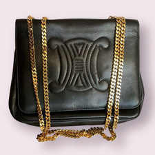 80's Celine rare vintage Triomphe chain shoulder bag in black Used From Japan