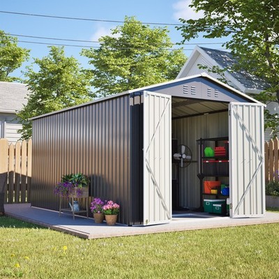 8x12 FT Lockable Metal Storage Shed w/Aluminum Frame for Garden Backyard Grey
