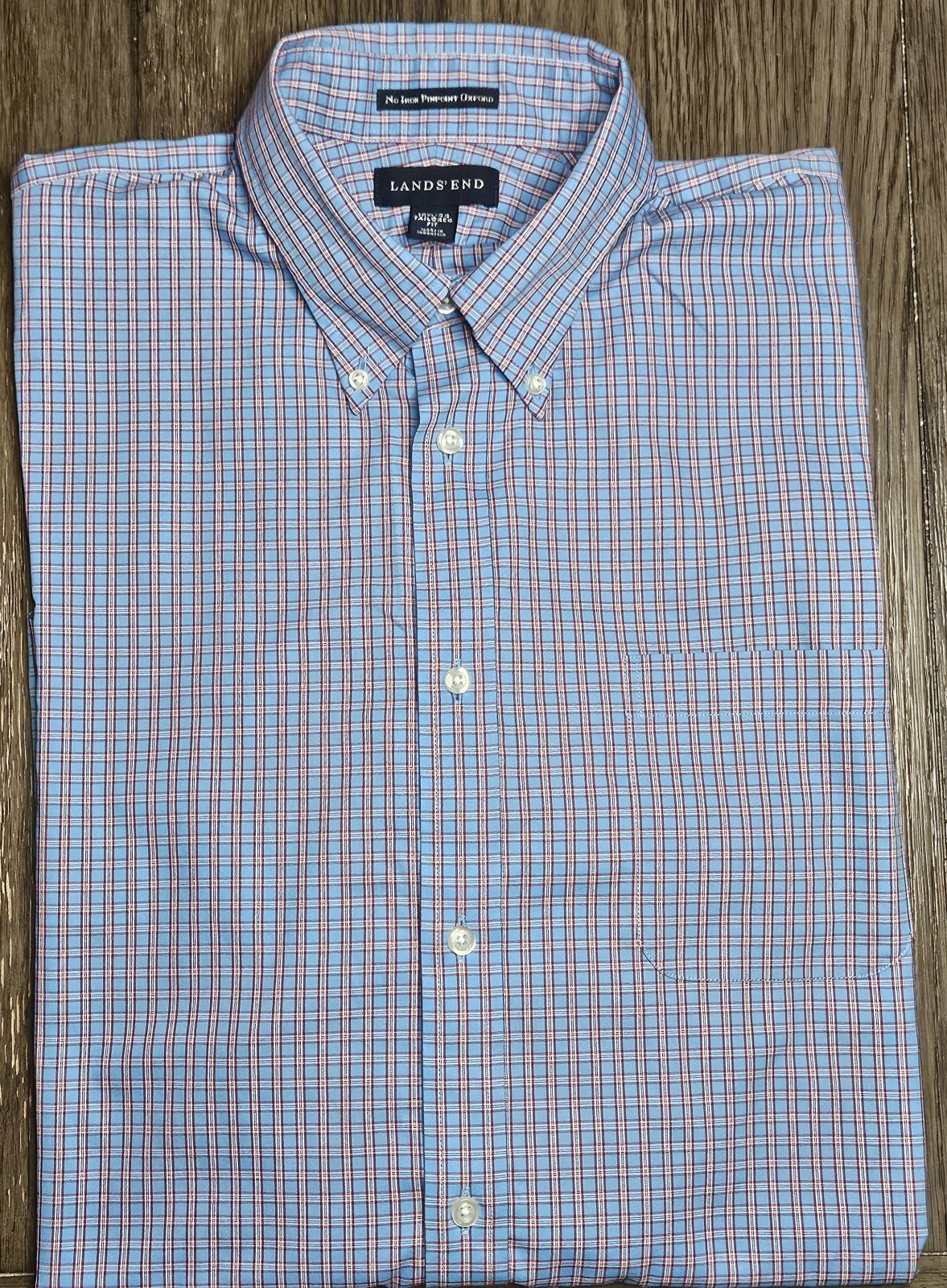 Mens Lands' End No Iron Pinpoint Oxford Plaid Button Up Shirt Size 17-33