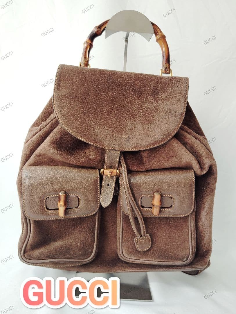 GUCCI Brown Suede Bamboo Backpack Women's Designer Authentic Rare Bag