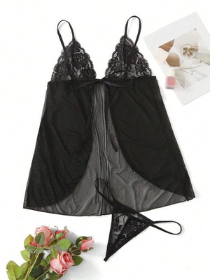 Contrast Lace Mesh Tie Detail Babydoll Sexy Lingerie Dress with Thong Cheap24