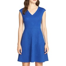 Taylor Blue Floral Embossed Fit & Flare Dress 8 NWT Cap Sleeve V-Neck Sheath