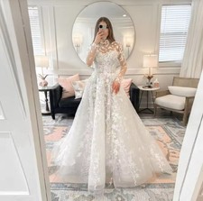 Exquisite Tulle Wedding Dress for Women Lace Appliques Full Sleeves High Neck