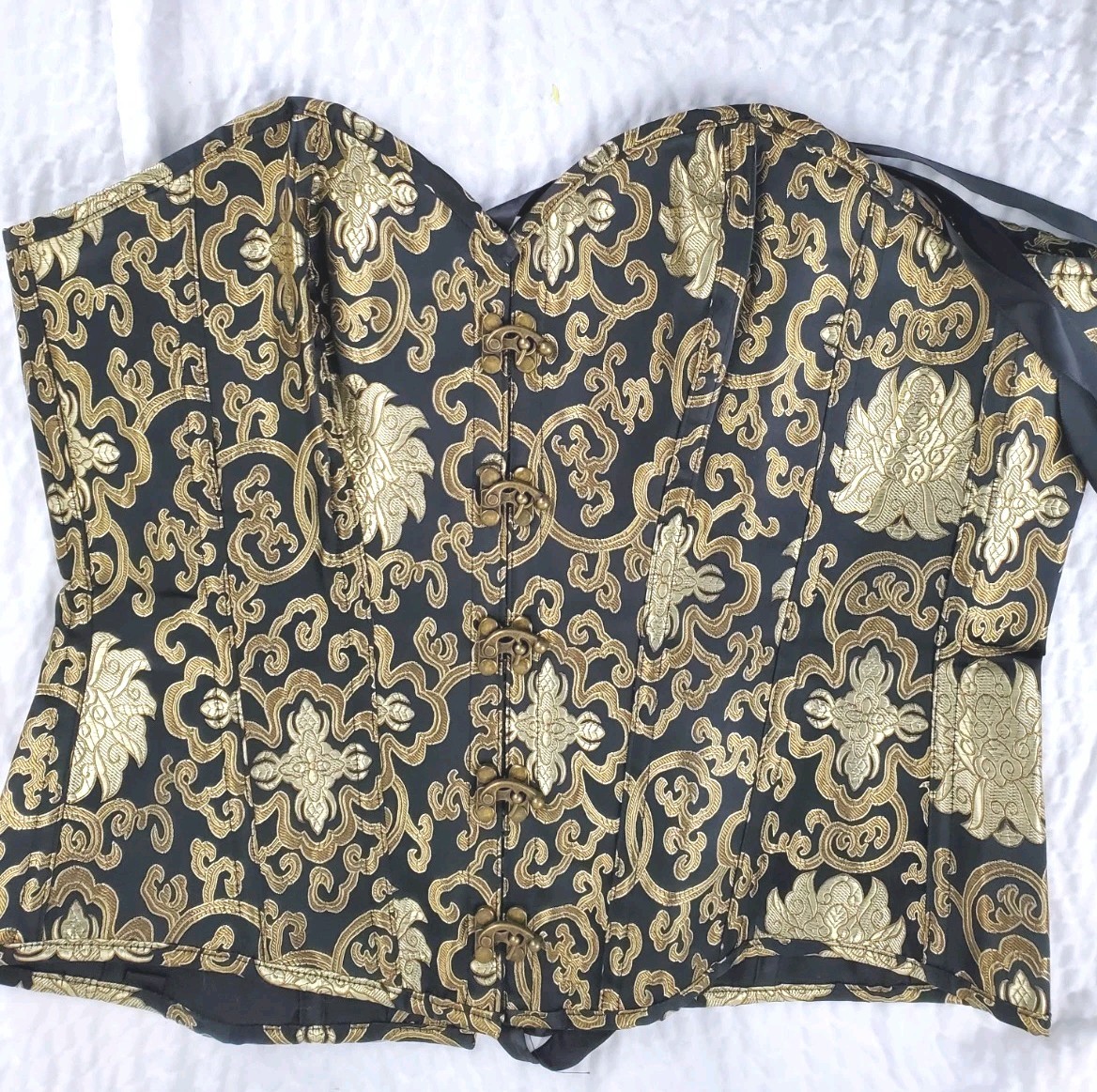 Corset Story Black Gold Brocade Steel Boned Instant Shape Corset Size 20 UK-image