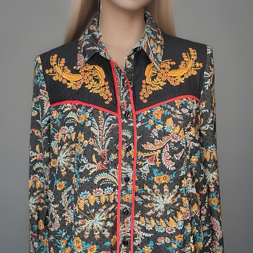 Anthropologie Holding Horses Black Floral Western Embroidered Shirt Dress Sz 4 - Afbeelding 3 van 7