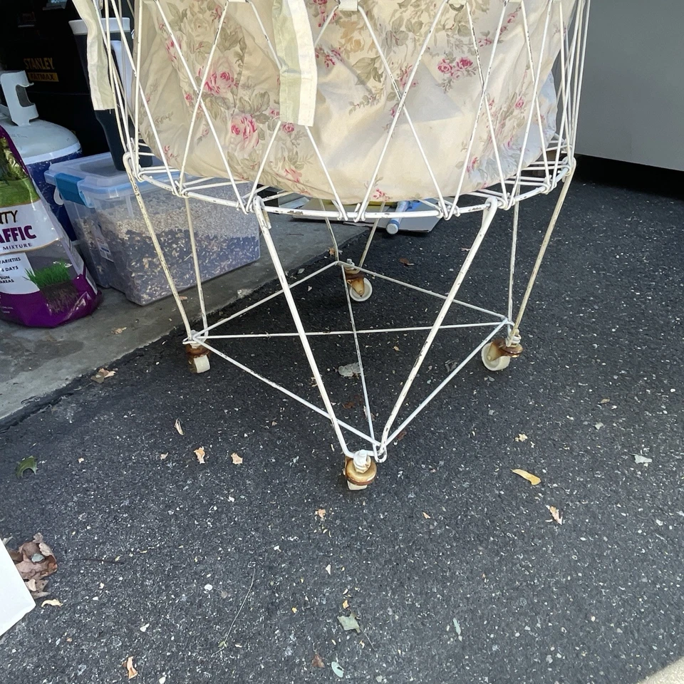 Vintage Metal Wire Laundry Basket With Wheels 23 Inches Collapsible cottage Core - Image 2 of 4