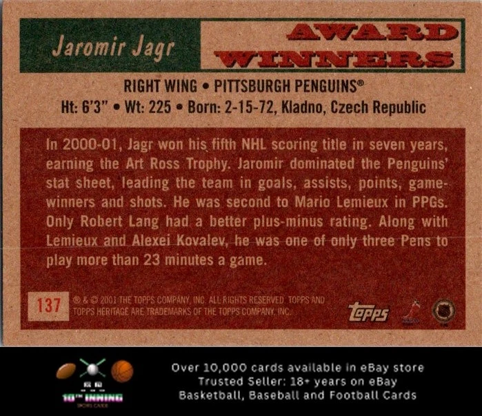2001-02 Topps Heritage HOCKEY #137 Jaromir Jagr - Image 2 of 2