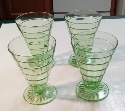 4 Anchor Hocking Block Optic Green Depression Glass Uranium Footed Tumblers