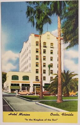 #ad Hotel Marion OcalaFlorida Vintage Cars Linen Postcard Unposted $13.48