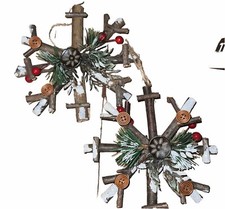 Rustic Wooden Snowflake w/ Glitter Christmas Tree Ornament Set of 2 Evergreen