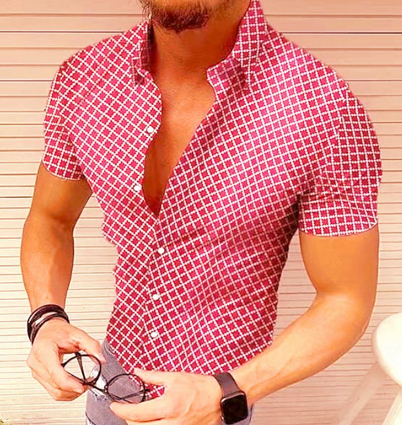 Button Down Shirt Lattice Men Fashion Red Short Sleeve Casual Fitness Soft Dress