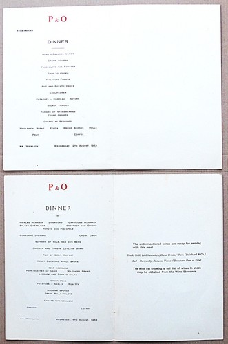 P&O CRUISE SHIP SS HIMALAYA AUGUST 1953 Menu Cards 2 menus VGC - Picture 2 of 3