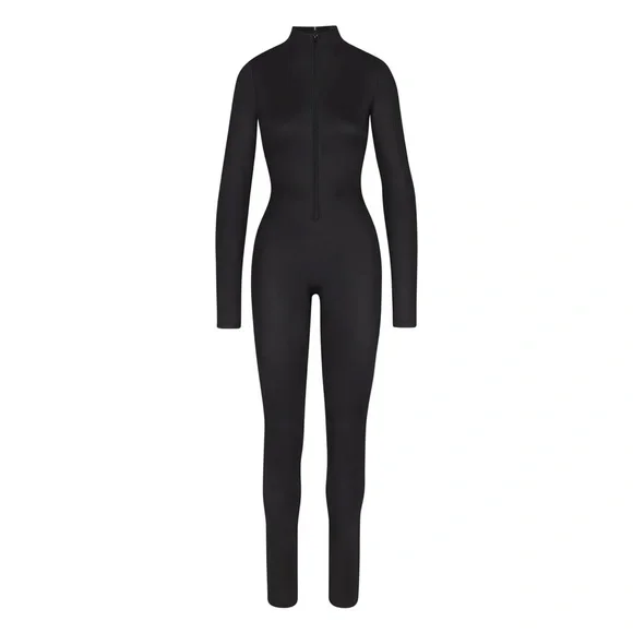 Skims Women's Onyx Black Shine Zip Long Sleeve Bodysuit Skims Women's Onyx Black Shine Zip Long Sleeve Bodysuit