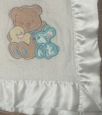 VINTAGE CUDDLE Time Acrylic Baby TEDDY BEAR BUNNY DUCK White SATIN TRIM BLANKET