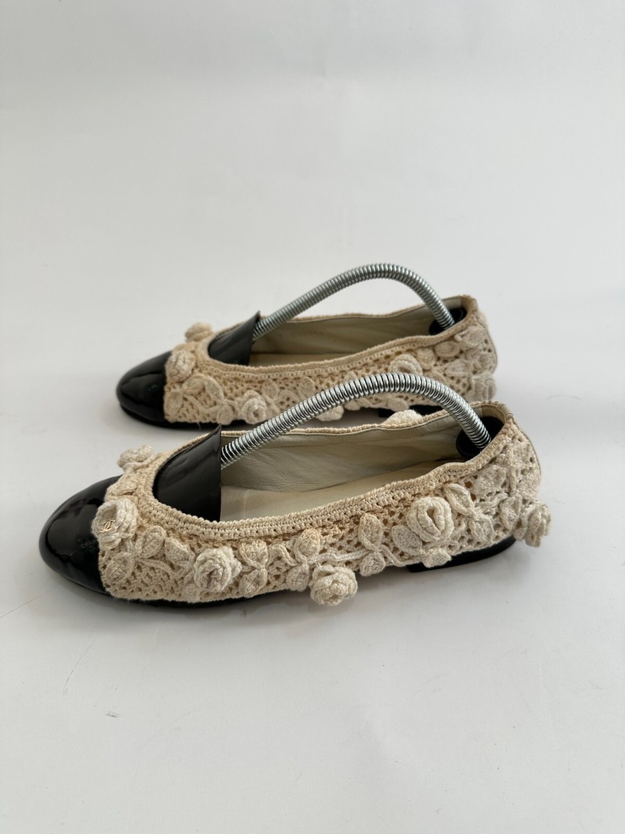 Chanel Crochet Patent Cap Toe Ballerina Flats White Black Size 36