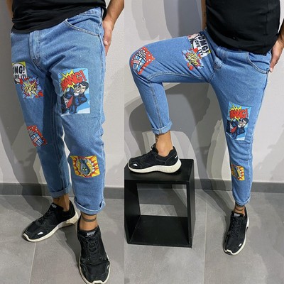 Jeans Uomo Denim Blu Cinque Tasche pantalone Mod con Toppe Patch Stampa  Disegno | eBay