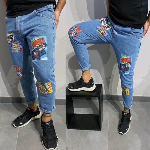 Jeans Uomo Denim Blu Cinque Tasche pantalone Mod con Toppe Patch Stampa  Disegno | eBay