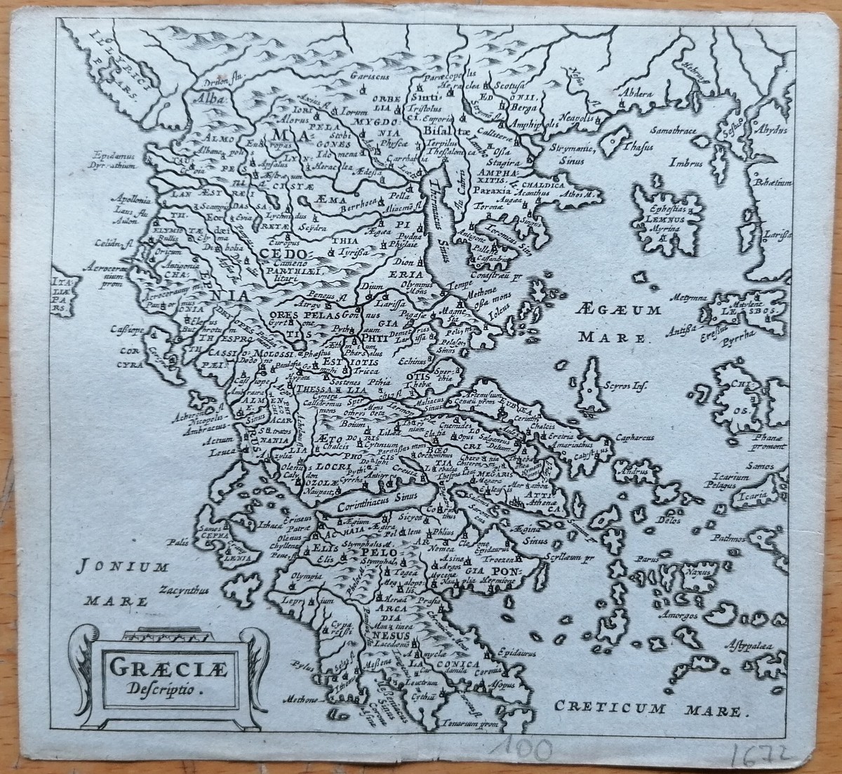 収集品　古地図　17世紀　P.Cluver　ギリシャ図 「Greece」手彩色 収集品 古地図 17世紀 P.Cluver ギリシャ図 「Greece」手彩色