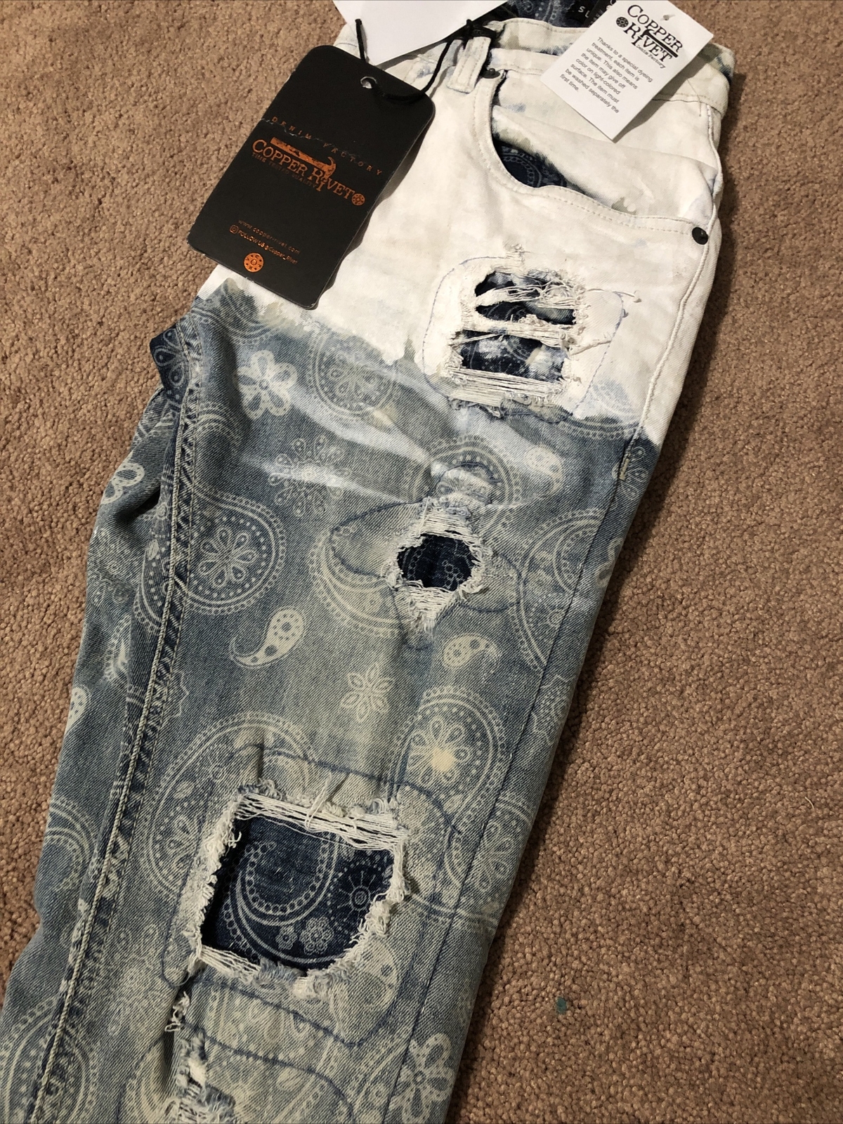 Copper Rivet Jeans Bandana Print Paint Dip Ripped Slim Fit Blue Pants