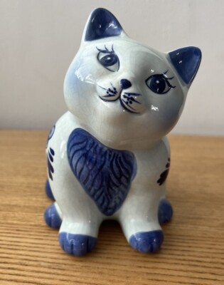 Delft Blauw handbemalte Katze Spardose Sparschwein blau-weiß