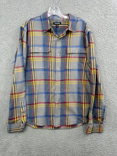 True Religion Mens Size XL Flannel Shirt Plaid Blue Yellow Long Sleeve EUC - Picture 2 of 11