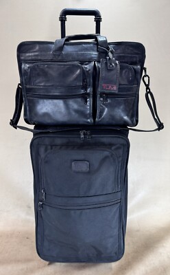 Preowned Tumi Carry On Set 2 Wheeled 22  Suitcase & 16  Leather Expand Briefcase