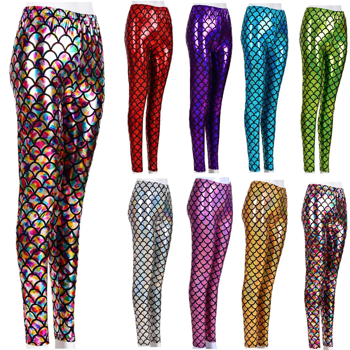 WOMEN MERMAID FISH SCALE METALLIC HOLOGRAPHIC GEOMETRIC STRETCH LEGGINGS  PANTS