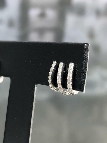 14k White Gold Natural White Diamonds Triple Cuff Design Stud Earrings Gift - Picture 9 of 11